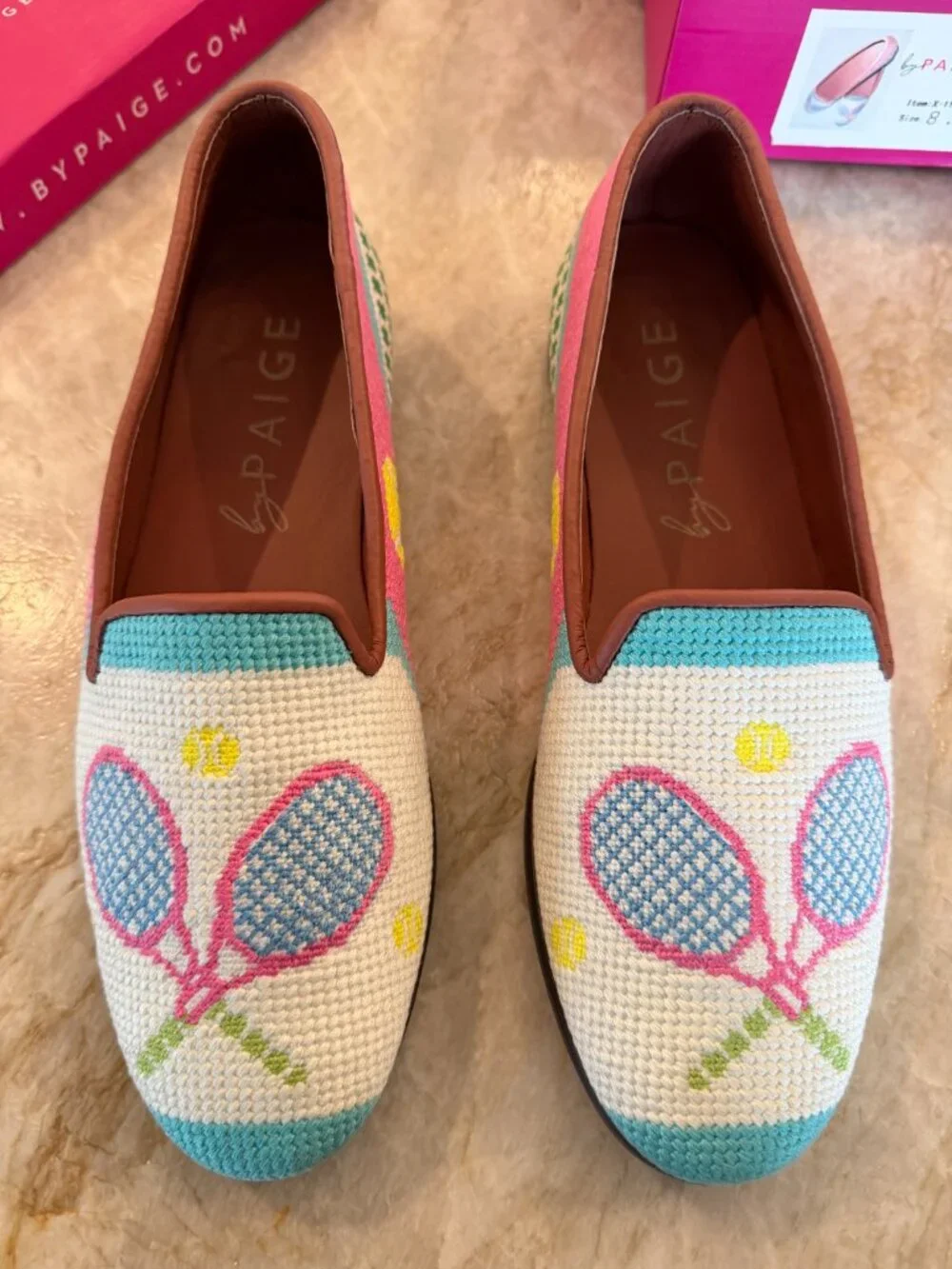 PAIGE Pink White Teal Tennis Motif Flats